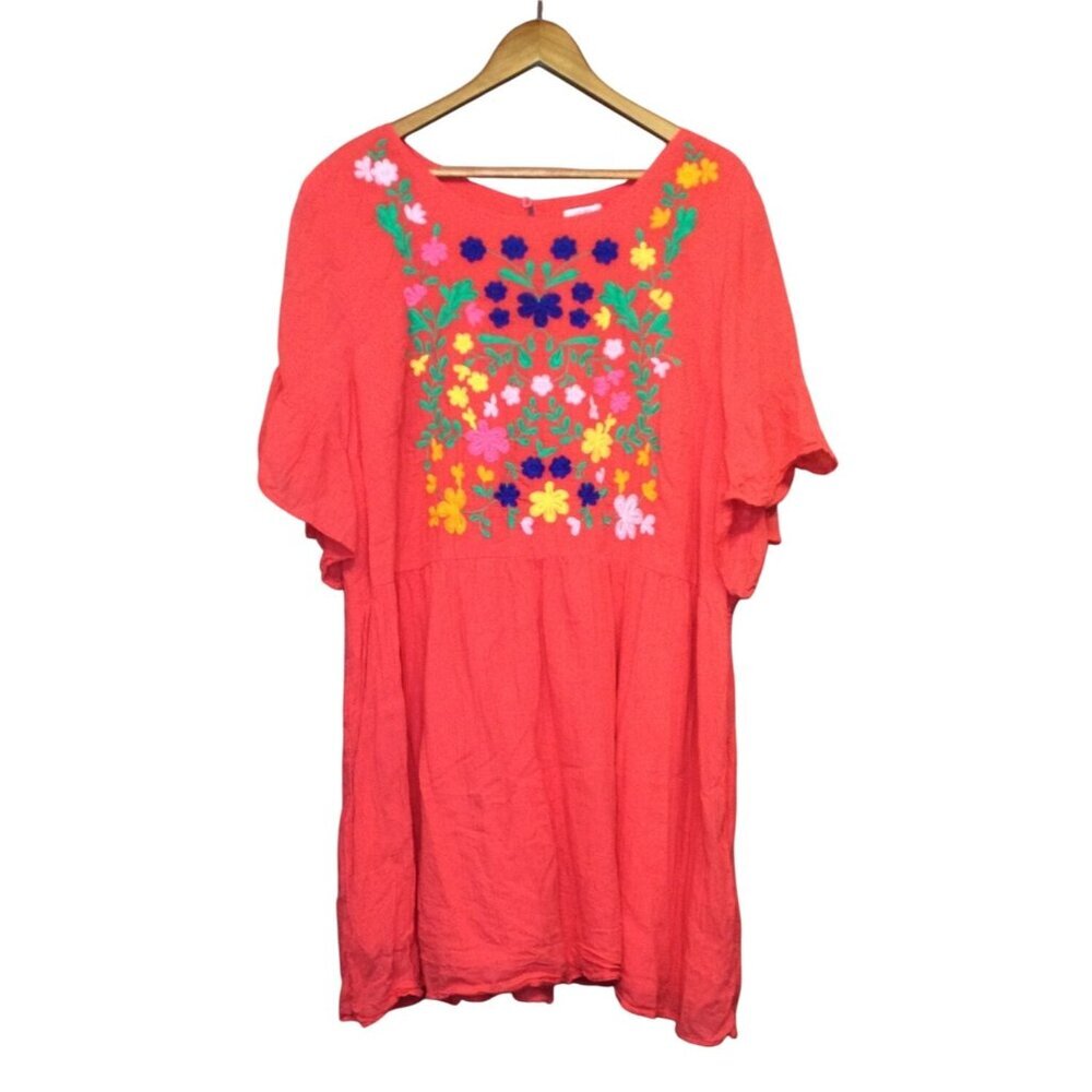 Crown & Ivy Womens 3X Embroidered Dress Floral Coral Boho Festival Flowy Fairy